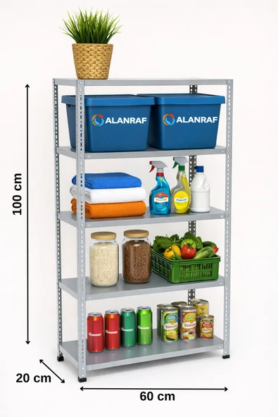 5 Katlı Galvaniz Çelik Raf - Depo, Arşiv, Kiler, Dosya, Market Rafı 20x60x100 Cm ürün görseli 1