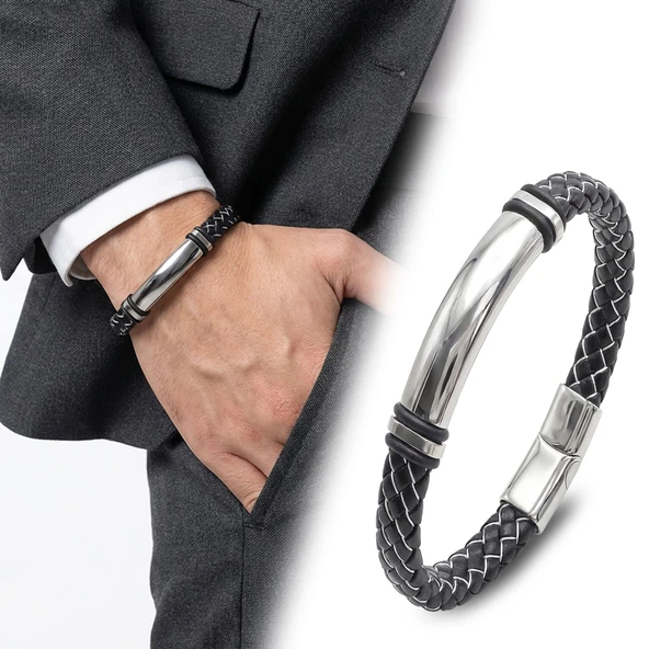 ? Premium İsim Yazılabilir Siyah Beyaz Deri Ve Beyaz Titanyum Kilit Bileklik 31833B15D10 - 20 cm ürün görseli 1