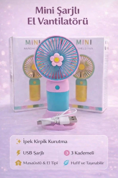 Mini Şarjlı El Fanı Çiçek Desenli El Pervanesi Soğutucu El Fanı ürün görseli 1