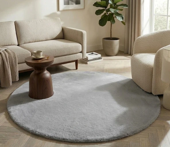 Carpet Dekor Peluş Yumuşak Dekoratif Halı Yuvarlak Gri ürün görseli 1