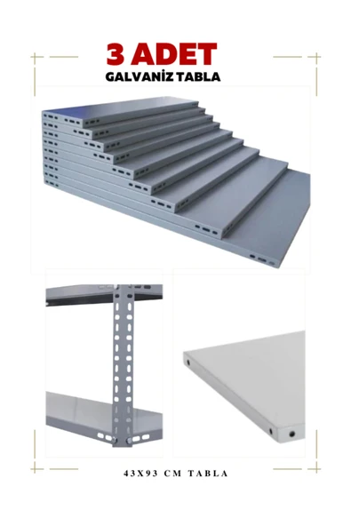 3 Adet Galvaniz Çelik Raf Tablası - Depo, Arşiv, Kiler, Dosya, Market Rafı 43x93 cm-0.70 mm ürün görseli 1