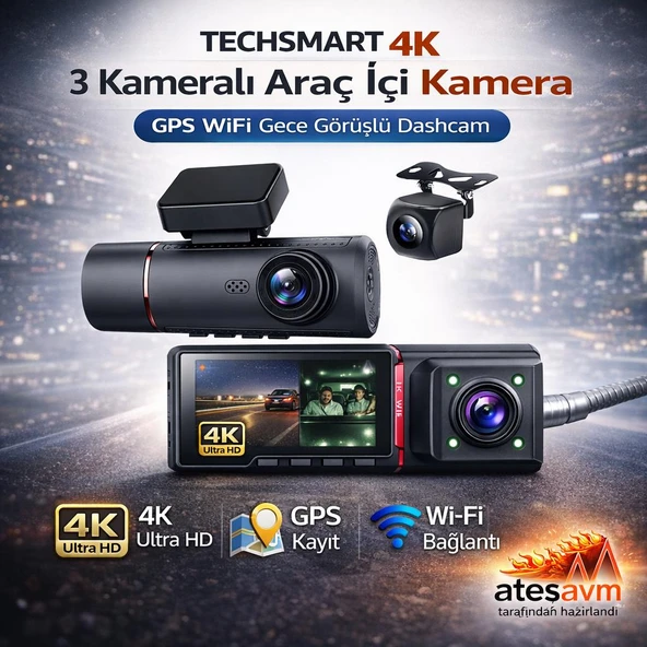 Techsmart 4K Ultra HD 3 Kameralı Araç İçi Kamera GPS WiFi Gece Görüşlü Dashcam ürün görseli 1