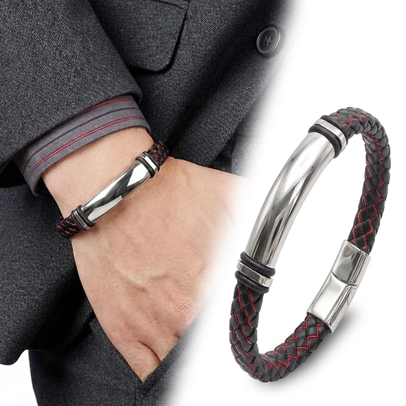 ? Premium İsim Yazılabilir Kırmızı Siyah Deri Ve Beyaz Titanyum Kilit Bileklik 31833B15D8 - 20 cm ürün görseli 1