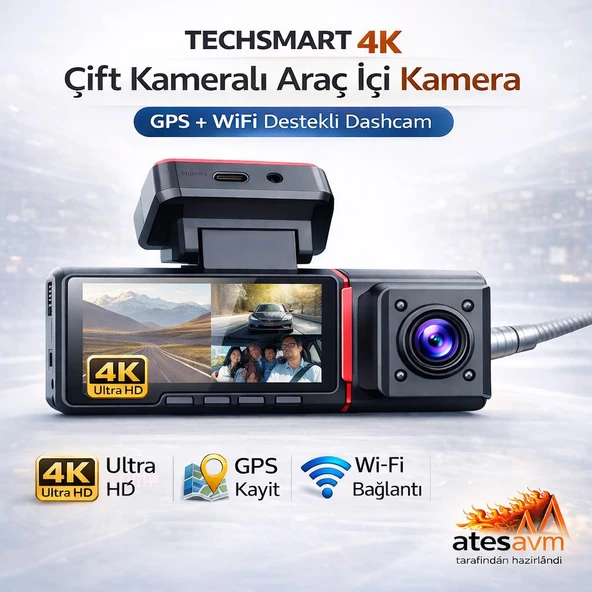 Techsmart 4K Çift Kameralı Araç İçi Kamera GPS WiFi Gece Görüşlü Dashcam ürün görseli 1