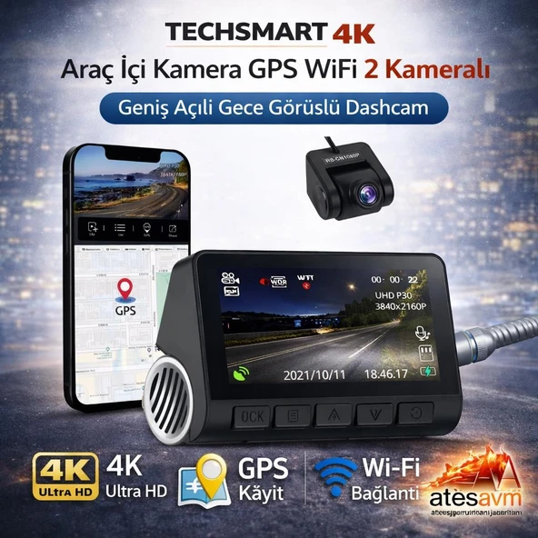 Techsmart 4K UHD Araç İçi Kamera GPS WiFi Çift Kameralı Gece Görüşlü Dashcam ürün görseli 1