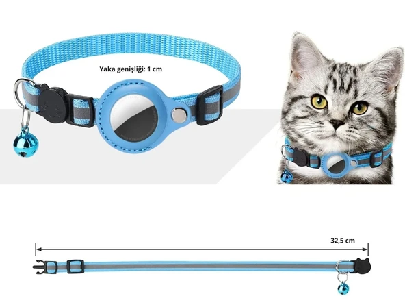 EtaShop AirTag Uyumlu Reflektif Kedi Tasması Zilli Ayarlanabilir  Kedi Boyun Tasması 22-32 cm Mavi ürün görseli 1