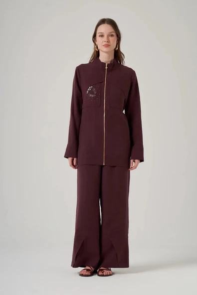 Nuss 1054 Cep Taş İşlemeli Pantolonlu Takım - Mürdüm ürün görseli 1