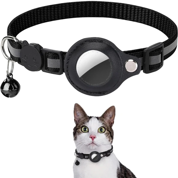 EtaShop AirTag Uyumlu Reflektif Kedi Tasması Zilli Ayarlanabilir  Kedi Boyun Tasması 22-32 cm Siyah ürün görseli 1