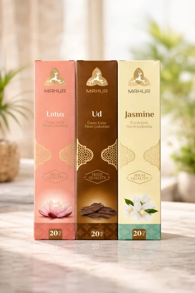Mahur 3’lü Premium Tütsü Seti Lotus, Ud (Oud), Jasmine 20’li Çubuk Tütsü (60 Adet) ürün görseli 1