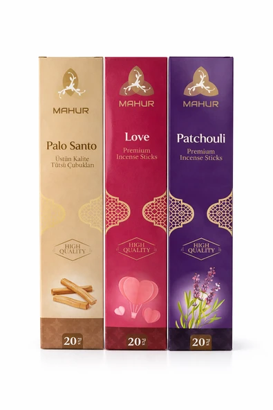 Mahur 3’lü Premium Tütsü Seti Palo Santo, Love, Patchouli 20’li Çubuk Tütsü ürün görseli 1