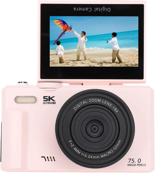 5k UHD 75 Mp Dijital Kamera 18X Zoom Flaş 64 GB Sd Kart  Flip Ekranlı Seyahat  Vlog Retro Pembe Renk ürün görseli 1