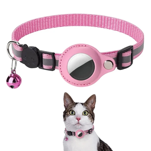 EtaShop AirTag Uyumlu Reflektif Kedi Tasması Zilli Ayarlanabilir  Kedi Boyun Tasması 22-32 cm Pembe ürün görseli 1