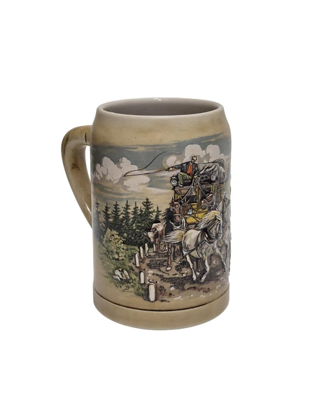 Vintage Tankart Kabartmalı At Arabası Doğa Figürlü Alman Seramik Bira Bardağı 14cm 001 ürün görseli 1