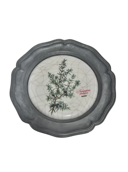Vintage Zınn Çerçeveli Dekoratif Ardıç Dalı Temalı Duvar Tabağı 10cm 004 ürün görseli 1