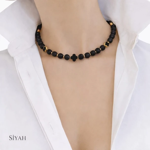 Luna Yonca Detaylı Lav Taşı Choker Doğal Taş Kolye ürün görseli 1
