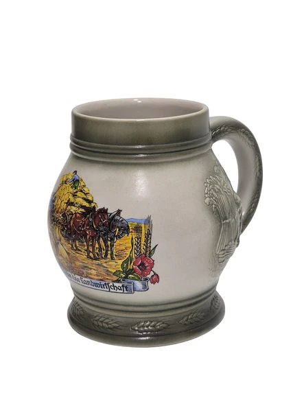 Vintage Tankart Hasat Zamanı Temalı Alman Seramik Bira Bardağı 13,5cm ürün görseli 1