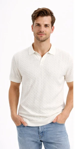 Cazador Erkek Polo Yaka Desenli Triko T-shirt 34215 Ekru ürün görseli 1