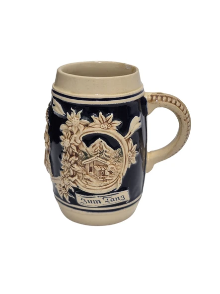 Vintage Tankart Dağ Evi ve Çiçek Temalı Alman Seramik Bira Bardağı 11,8cm 006 ürün görseli 1