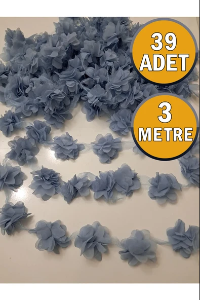 39 Adet (3 Metre) Mavi Lazer Kesim Gül Yapay Tül Çiçek Süsleme Paketleme ürün görseli 1