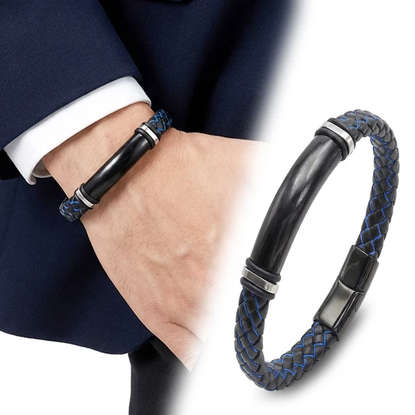 ? Premium İsim Yazılabilir Mavi Siyah Deri Ve Siyah Titanyum Kilit Bileklik 31833B15D5 - 20 cm ürün görseli 1