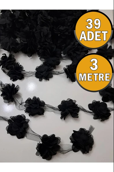 39 Adet (3 Metre) Siyah Lazer Kesim Gül Yapay Tül Çiçek Süsleme Paketleme ürün görseli 1