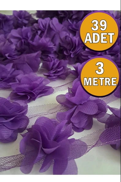 39 Adet (3 Metre) Mor Lazer Kesim Gül Yapay Tül Çiçek Süsleme Paketleme ürün görseli 1