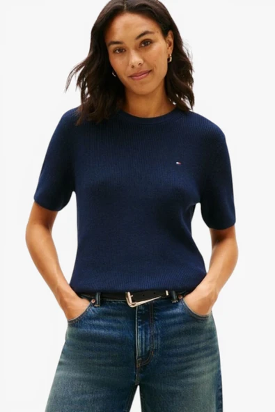 Tommy Hilfiger   CO CARDI STITCH C-NK S/S SWEATER Kadın Mavi Kazak - WW0WW48793 ürün görseli 1
