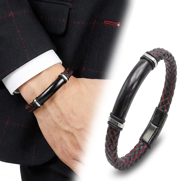 ? Premium İsim Yazılabilir Kırmızı Siyah Deri Ve Siyah Titanyum Kilit Bileklik 31833B15D7 - 20 cm ürün görseli 1