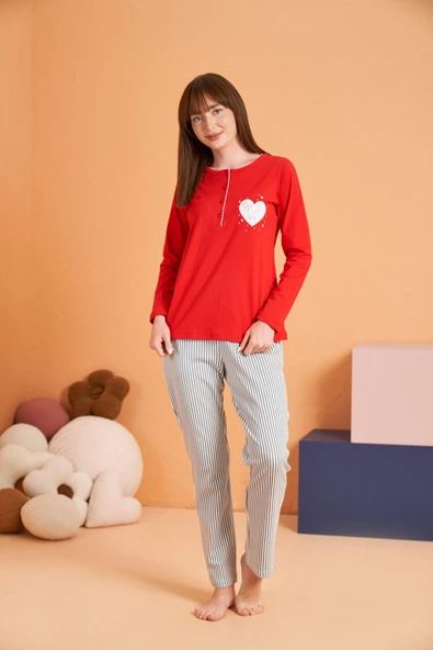 Pjs Kadın Anne-Kız %100 Pamuklu Kalpli Desenli Çizgili Uzun Kollu Pijama Takım ürün görseli 1
