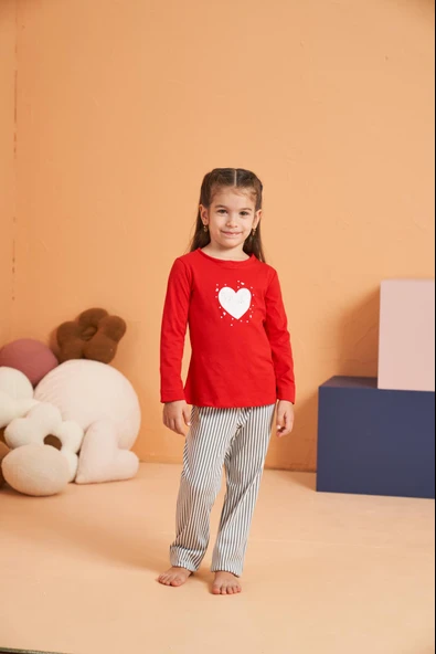 Pjs Kız Çocuk Anne-Kız %100 Pamuklu Kalpli Desenli Çizgili Uzun Kollu Pijama Takım ürün görseli 1