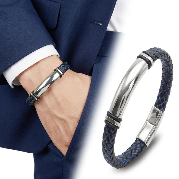 ? Premium İsim Yazılabilir Mavi Siyah Deri Ve Beyaz Titanyum Kilit Bileklik 31833B15D6 - 20 cm ürün görseli 1