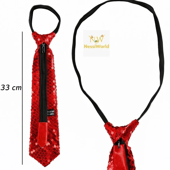 Kırmızı Pul Payetli Işıltılı Parti Kravatı 33 cm ürün görseli 1