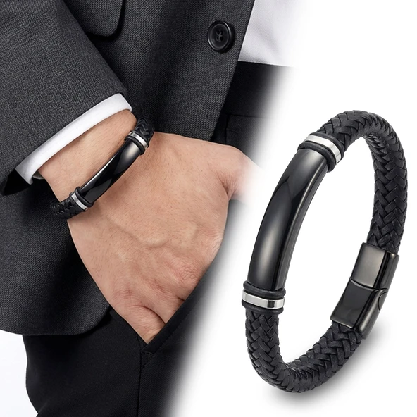 ? Premium İsim Yazılabilir Siyah Deri Ve Siyah Titanyum Kilit Bileklik 31833B15D4 - 20 cm ürün görseli 1