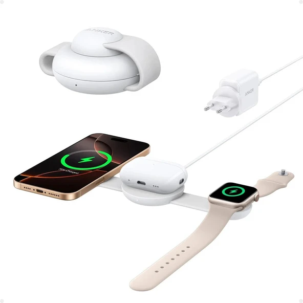 Anker Ufo MagGo B25M8 3in1 MagSafe Kablosuz Şarj Aleti - Beyaz ürün görseli 1