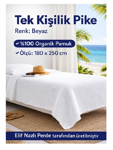Tek Kişilik Pike -%100 Organik Pamuk-Dört Mevsim Kullanım için - Beyaz ürün görseli 1