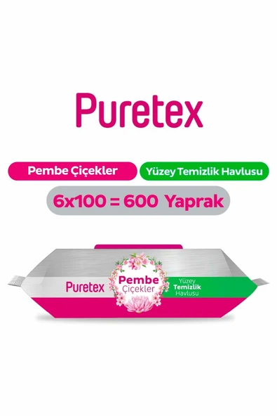 Puretex Yüzey Temizlik Havlusu Pembe Çiçekler 6x100 (600 Yaprak) ürün görseli 1