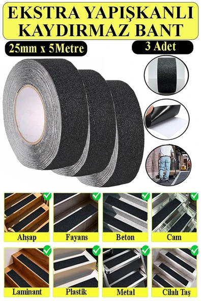Merdiven Kaydırmaz Bant 25mm 3 Adet 5 Metre Zemin Kaymaz Band 2.5 cm Yapışkanlı Basamak Mermer Beton Fayans Ayakkabı ürün görseli 1