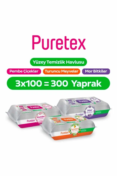 Puretex Yüzey Temizlik Havlusu Pembe Çiçekler+Turuncu Meyveler+Mor Bitkiler 3x100 (300 Yaprak) ürün görseli 1