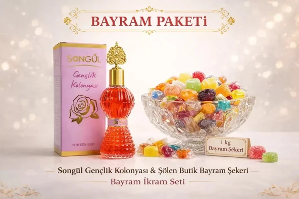 Songül Gençlik Kolonyası ve 1 Kg Şölen Bayram Şekeri Paketi | Karışık Sert ve Meyve Aromalı Jöle Şeker Misafir İkram Seti ürün görseli 1