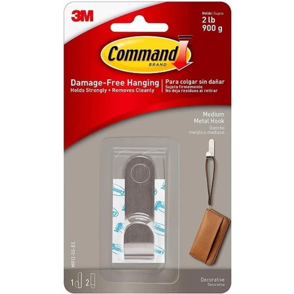 3M™ Command™ MR12-SS-ES Orta Boy Modern Metal Askı, Max 900 gr (1 Askı + 2 Orta Boy Cırt Bant) ürün görseli 1