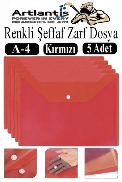 Kırmızı A4 Çıtçıtlı Dosya Şeffaf Renkli Zarf Dosya 5 Adet Çıt Çıtlı Dosya Su Geçirmez 100 Yaprak Kapasite ürün görseli 1