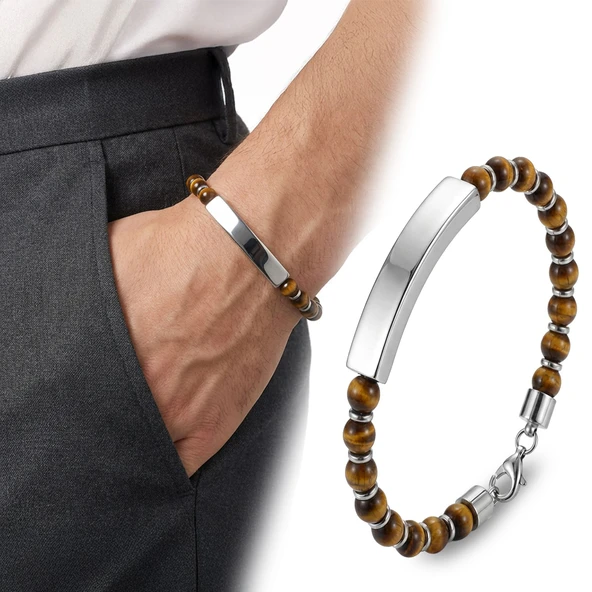 ? Premium Kaplangözü Doğal Taşlı İsim Yazılabilir Ve Çelik Zincir Bileklik 31832B29D2  -  23 cm ürün görseli 1