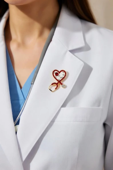Kalp Formlu Steteskop Tasarım Taşlı Doktor Hemşire Broşu ürün görseli 1