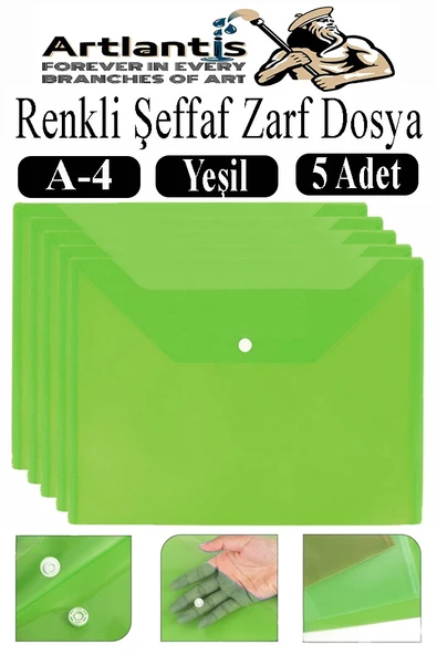 Yeşil A4 Çıtçıtlı Dosya Şeffaf Renkli Zarf Dosya 5 Adet Çıt Çıtlı Dosya Su Geçirmez 100 Yaprak Kapasite ürün görseli 1
