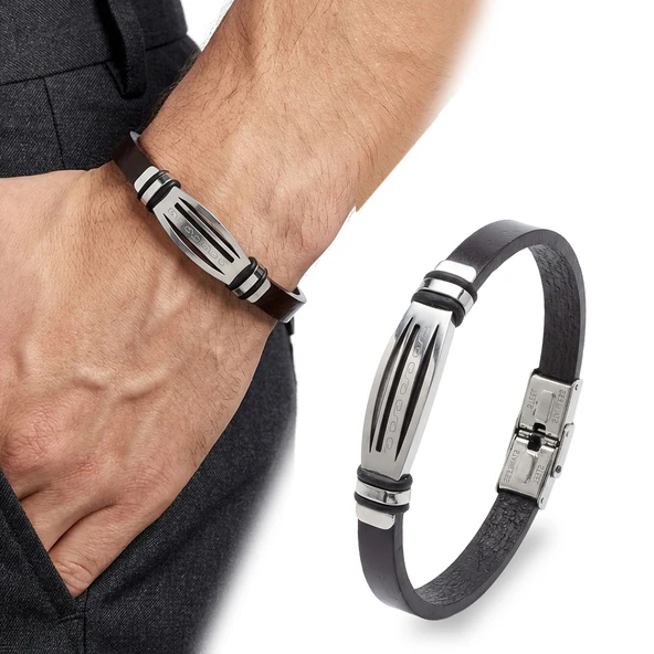 ? Premium Motifli Ayarlanabilir Kordonlu Erkek Deri Ve Çelik Bileklik 31834B23DD1 - 23 cm ürün görseli 1