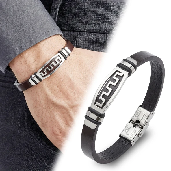 ? Premium Motifli Ayarlanabilir Kordonlu Erkek Deri Ve Çelik Bileklik 31834B23DD4 - 23 cm ürün görseli 1