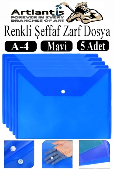 Mavi A4 Çıtçıtlı Dosya Şeffaf Renkli Zarf Dosya 5 Adet Çıt Çıtlı Dosya Su Geçirmez 100 Yaprak Kapasite ürün görseli 1