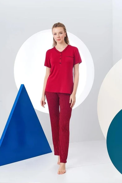 Pjs 24157 Kadın Çizgili Patlı Kısa Kol Pijama Takım ürün görseli 1