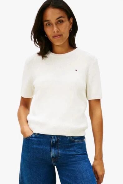 Tommy Hilfiger   CO CARDI STITCH C-NK S/S SWEATER Kadın Beyaz Kazak - WW0WW48793 ürün görseli 1