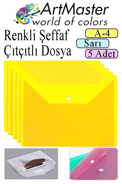 Sarı A4 Çıtçıtlı Dosya Şeffaf Renkli Zarf Dosya 5 Adet Çıt Çıtlı Dosya Su Geçirmez 100 Yaprak Kapasite ürün görseli 1